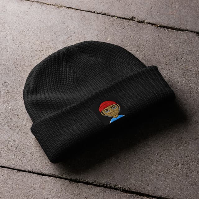 OSJ Troubleson burgundy beanie.